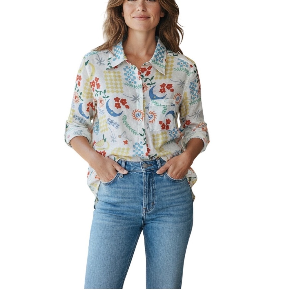 Hint of‎ Blush Celestial Floral Moon Print Button Down Tunic Shirt Semi-Sheer XL